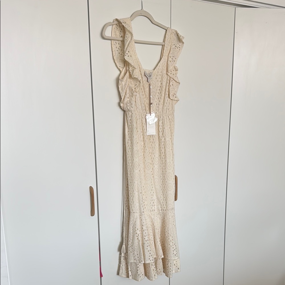 Cleobella Tan and Cream Ruffled Tiered Maxi Dress
